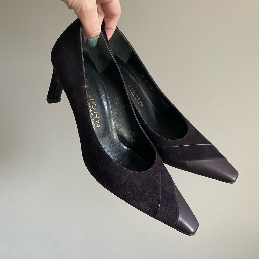 St. John Dark Plum Purple Suede Leather Heeled Pointed Toe Pumps EUC Size 37